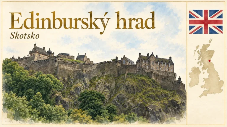 AI grafika podle fotografie: Edinburský hrad, Edinburgh, vlajka a orientační mapa země Spojené království
