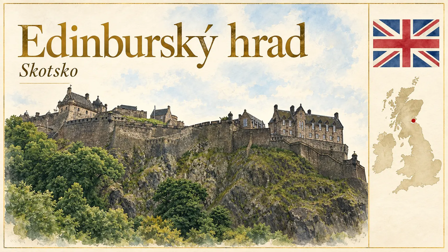 AI grafika podle fotografie: Edinburský hrad, Edinburgh, vlajka a orientační mapa země Spojené království