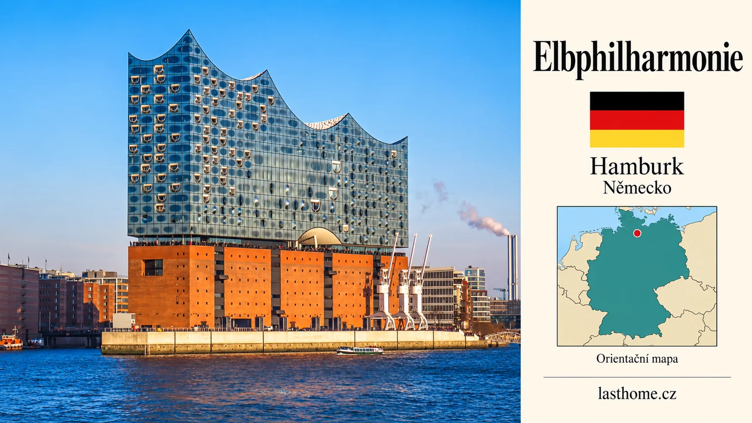 AI grafika podle fotografie: Elbphilharmonie, Hamburk, s vlajkou a orientační mapou.