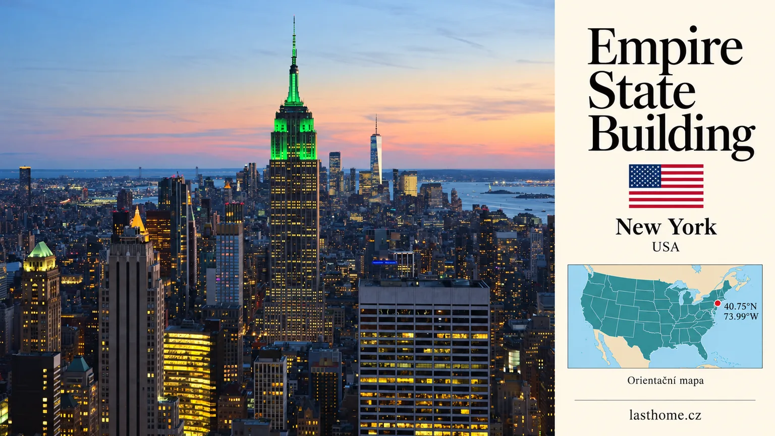AI grafika podle fotografie: Empire State Building, New York, s vlajkou a orientační mapou.