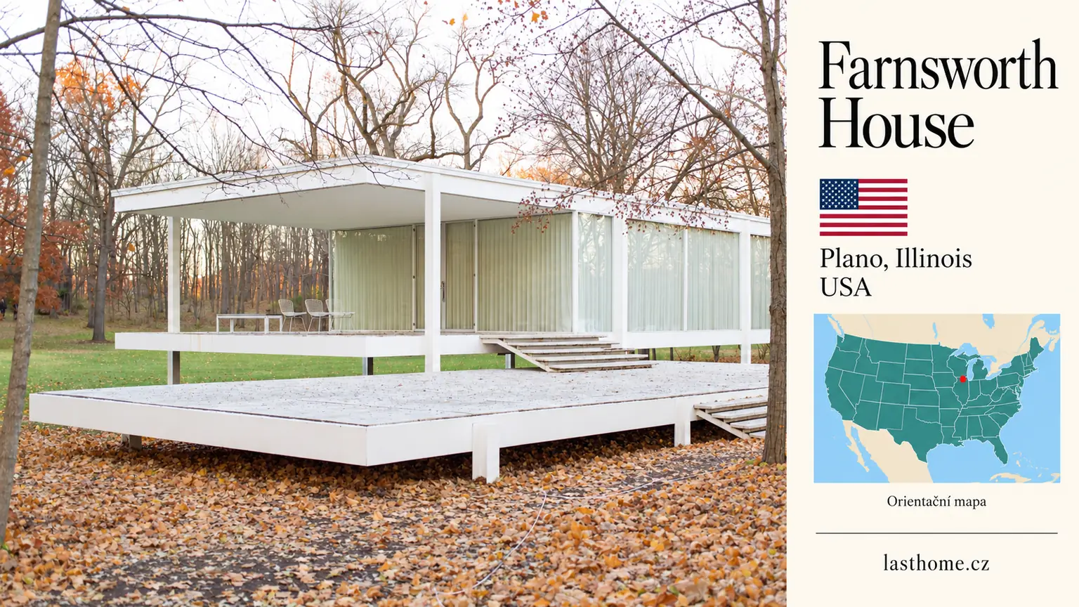 AI grafika podle fotografie: Farnsworth House, Plano, Illinois, s vlajkou a orientační mapou.