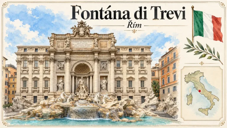 AI grafika podle fotografie: Fontána di Trevi, Řím, vlajka a orientační mapa země Itálie