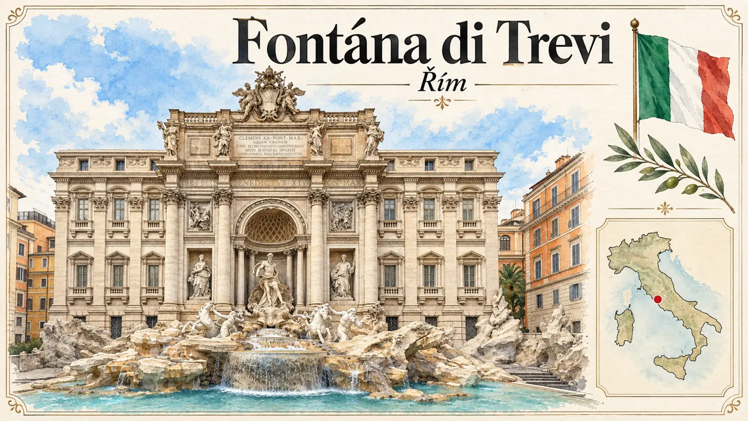 AI grafika podle fotografie: Fontána di Trevi, Řím, vlajka a orientační mapa země Itálie