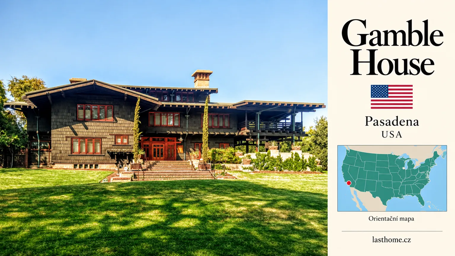 AI grafika podle fotografie: Gamble House, Pasadena, s vlajkou a orientační mapou.