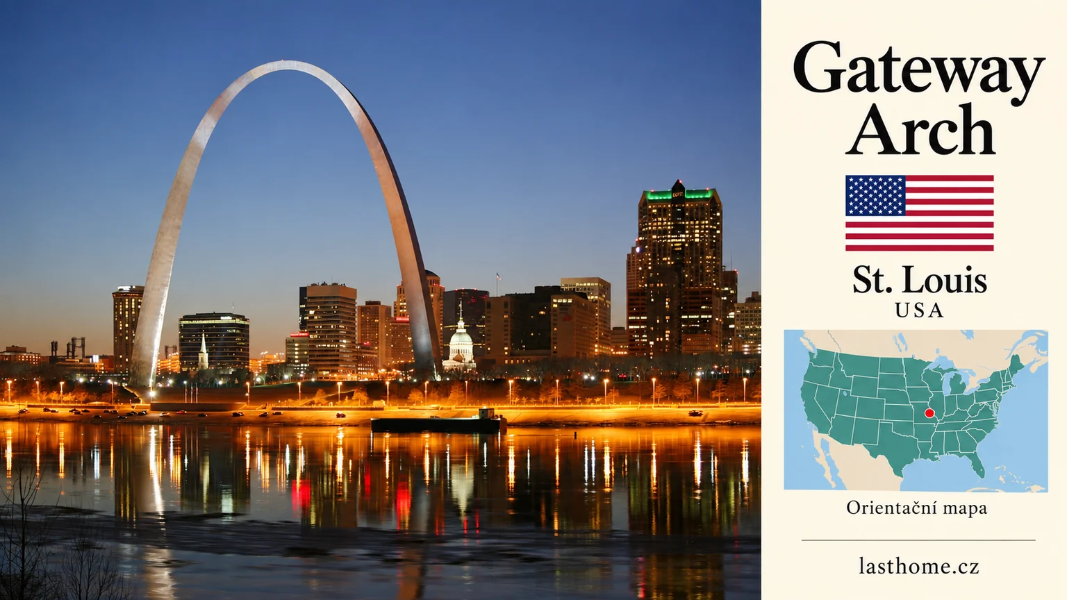 AI grafika podle fotografie: Gateway Arch, St. Louis, s vlajkou a orientační mapou.