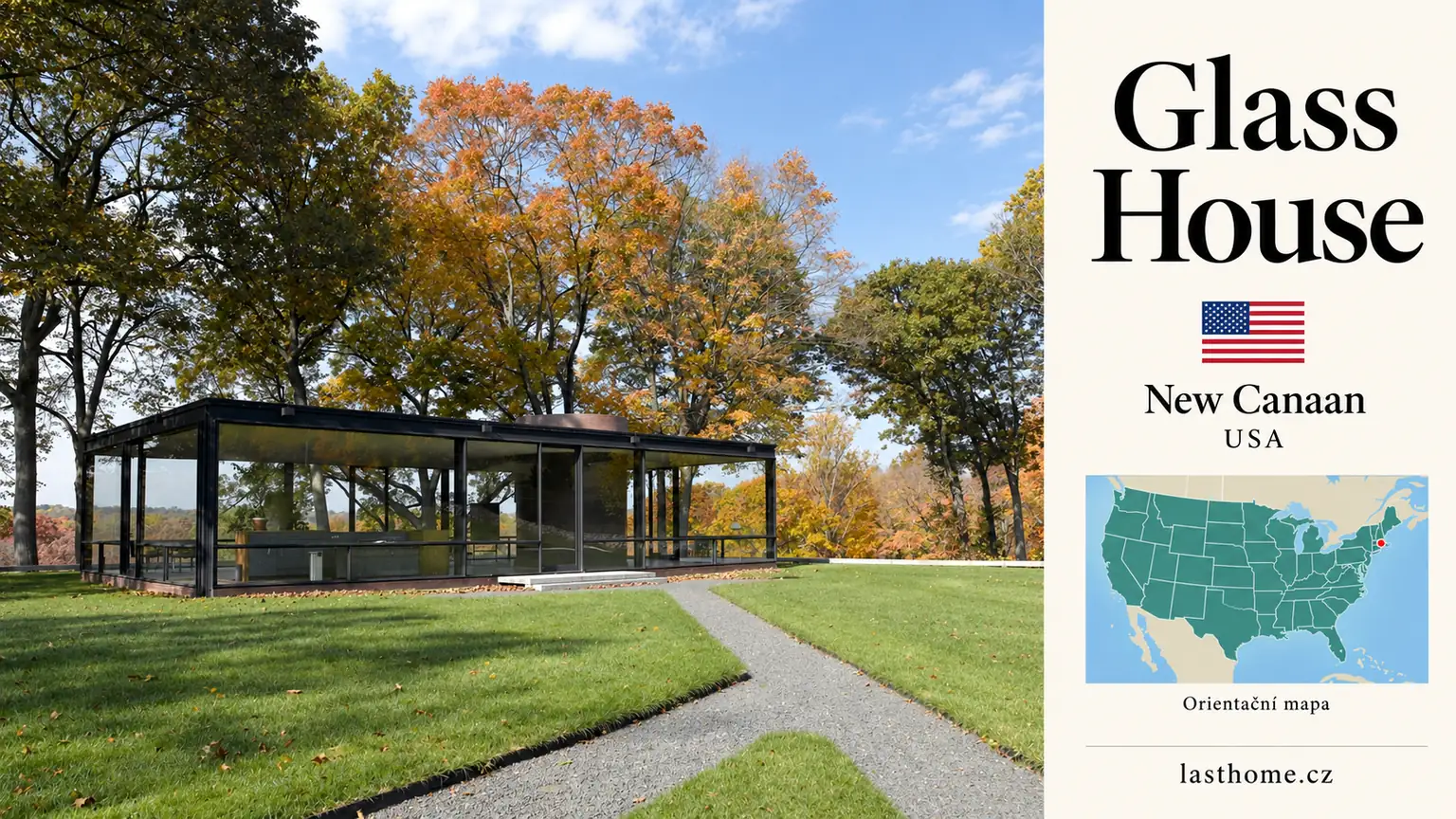 AI grafika podle fotografie: Glass House, New Canaan, s vlajkou a orientační mapou.