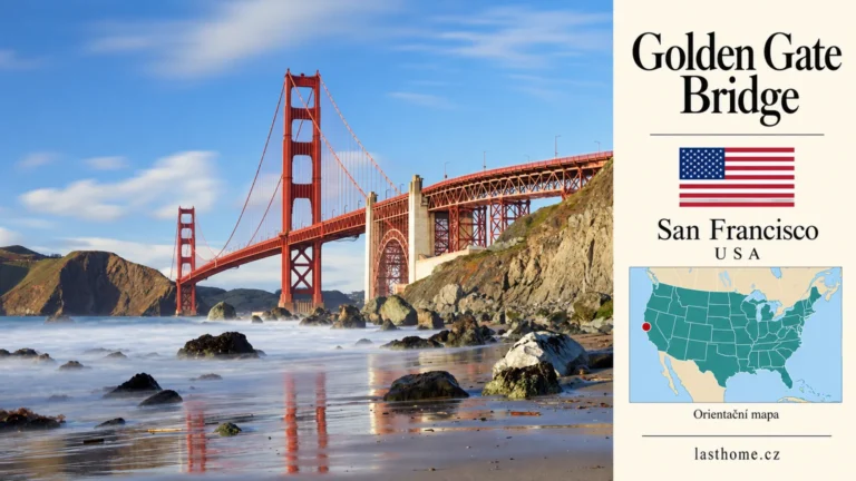AI grafika podle fotografie: Golden Gate Bridge, San Francisco, s vlajkou a orientační mapou.
