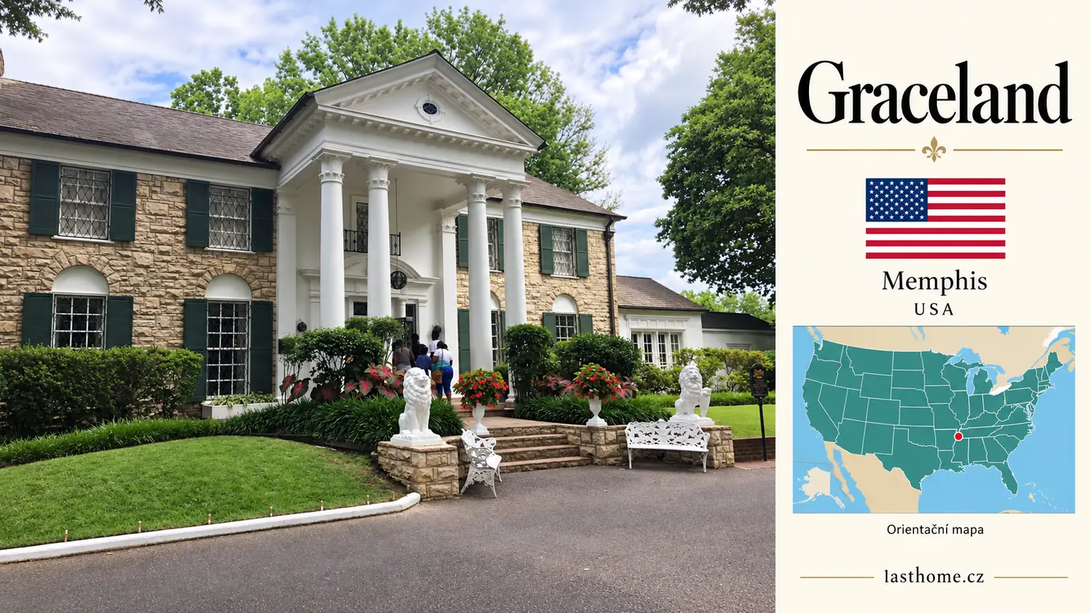 AI grafika podle fotografie: Graceland, Memphis, s vlajkou a orientační mapou.