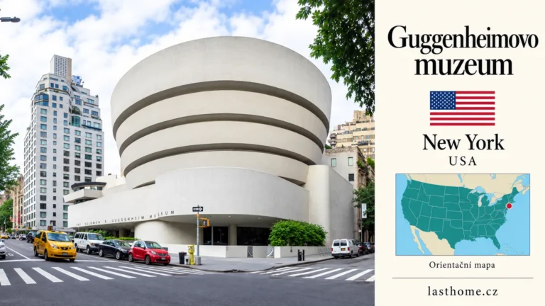 AI grafika podle fotografie: Guggenheimovo muzeum New York, New York, s vlajkou a orientační mapou.