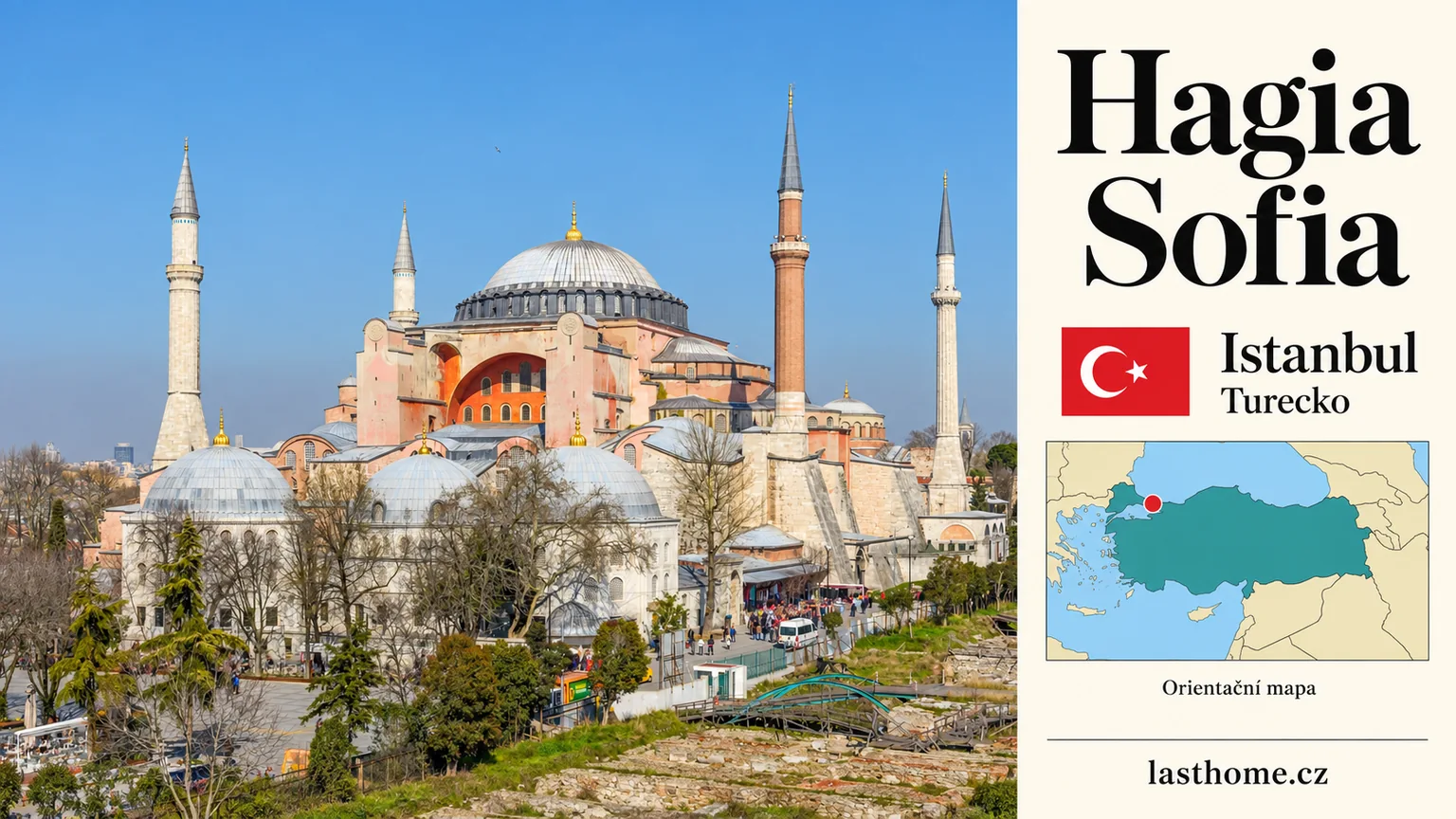 AI grafika podle fotografie: Hagia Sofia, Istanbul, s vlajkou a orientační mapou.