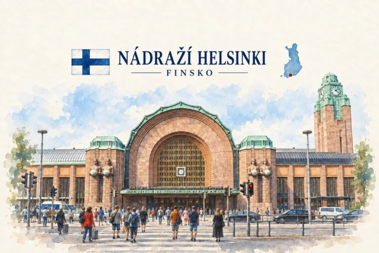 AI grafika podle fotografie: Hlavní nádraží v Helsinkách, Helsinki, vlajka a orientační mapa země Finsko