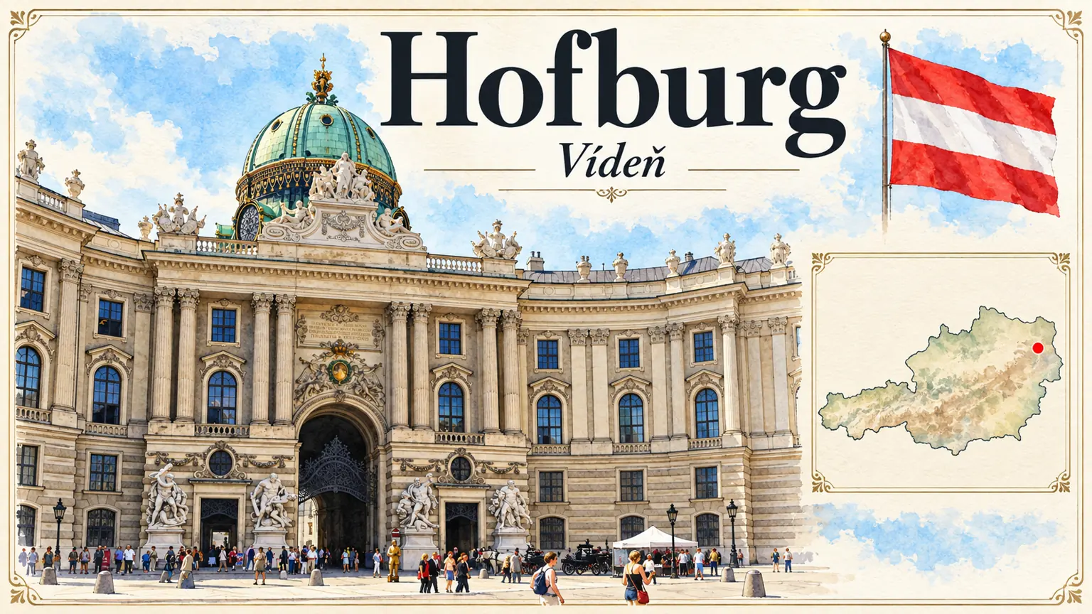 AI grafika podle fotografie: Hofburg, Vídeň, vlajka a orientační mapa země Rakousko