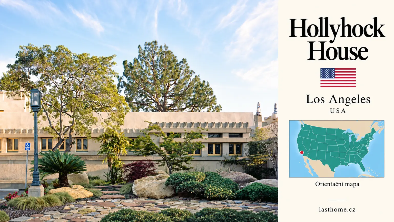 AI grafika podle fotografie: Hollyhock House, Los Angeles, s vlajkou a orientační mapou.