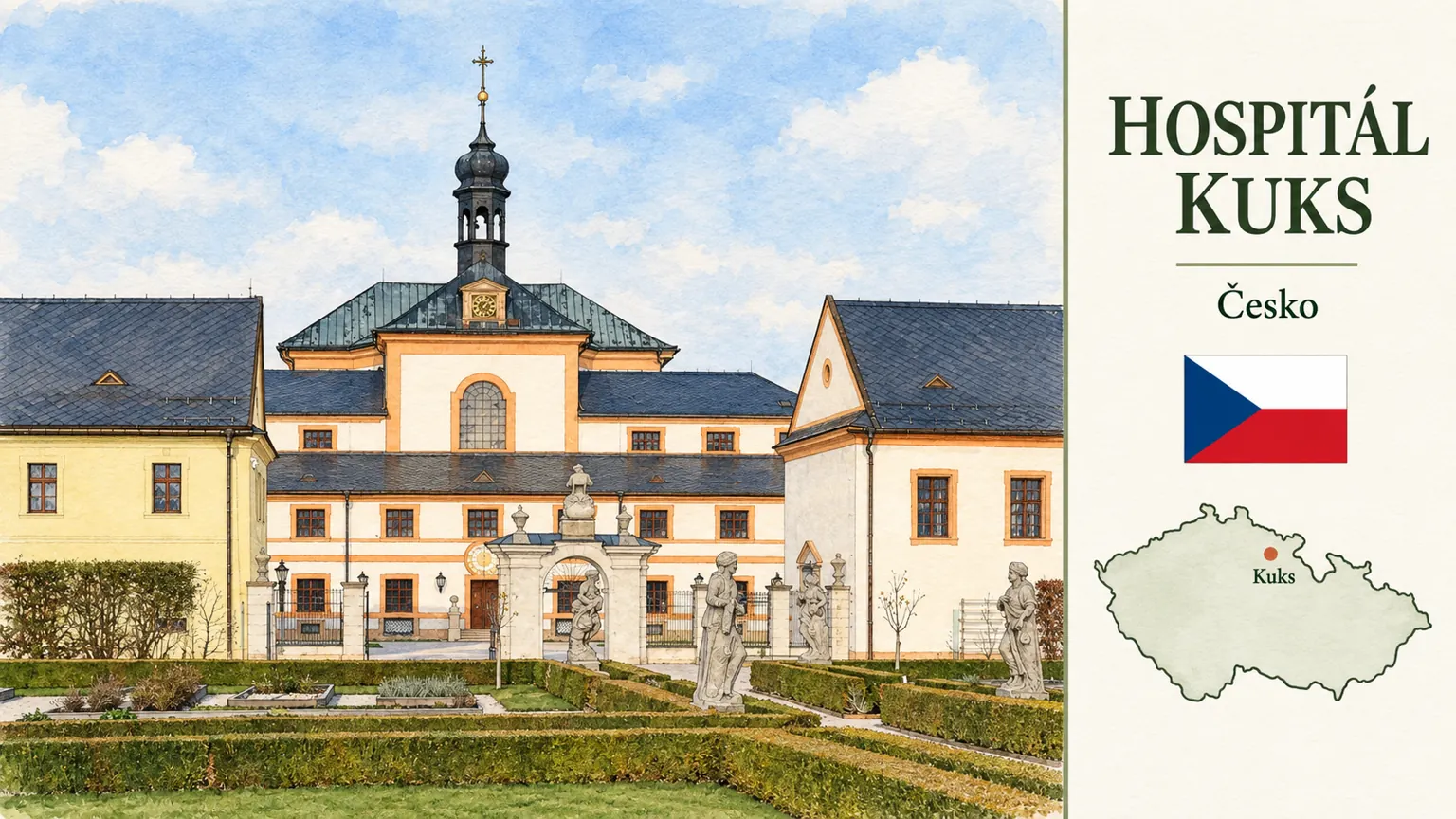 AI grafika podle fotografie: Hospitál Kuks, Kuks, česká vlajka a orientační mapa Česka