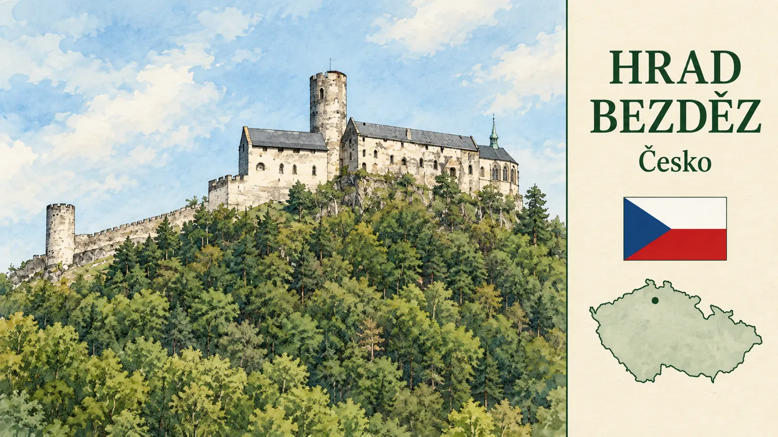 AI grafika podle fotografie: Hrad Bezděz, Bezděz, Liberecký kraj, česká vlajka a orientační mapa Česka