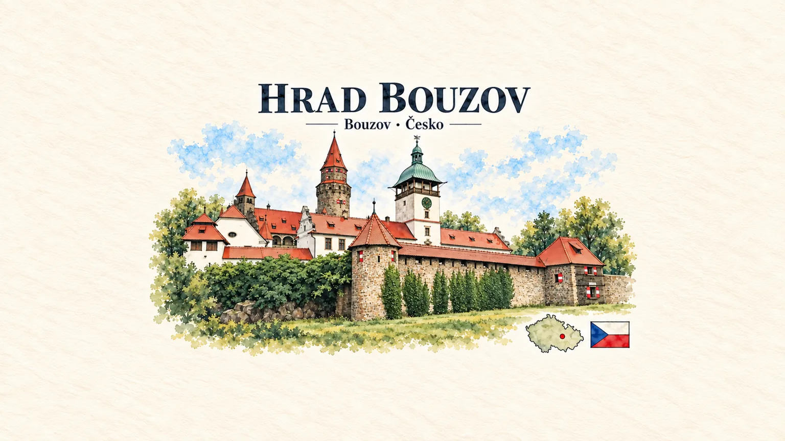 AI grafika podle fotografie: Hrad Bouzov, Bouzov, vlajka a orientační mapa země Česko