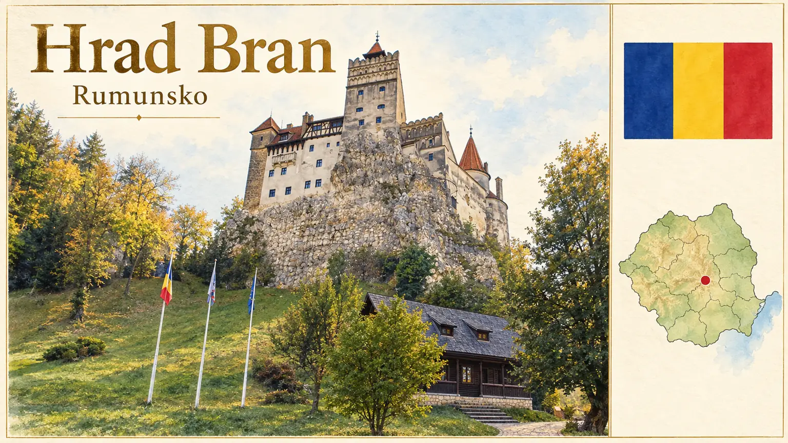 AI grafika podle fotografie: Hrad Bran, Bran, vlajka a orientační mapa země Rumunsko