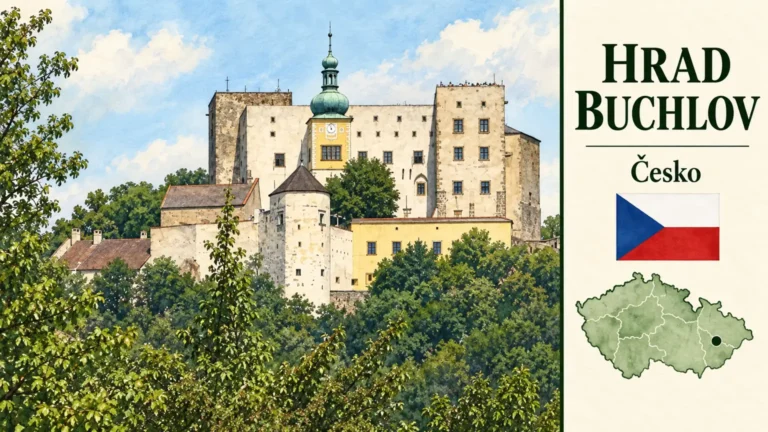 AI grafika podle fotografie: Hrad Buchlov, Chřiby, Zlínský kraj, česká vlajka a orientační mapa Česka
