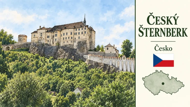 AI grafika podle fotografie: Hrad Český Šternberk, Český Šternberk, Středočeský kraj, česká vlajka a orientační mapa Česka