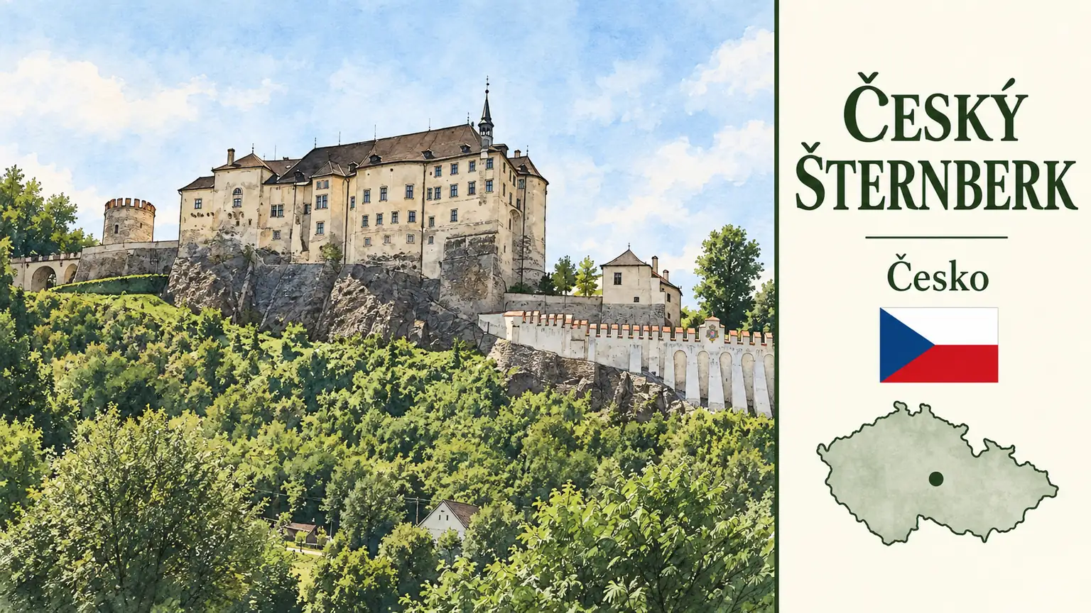 AI grafika podle fotografie: Hrad Český Šternberk, Český Šternberk, Středočeský kraj, česká vlajka a orientační mapa Česka