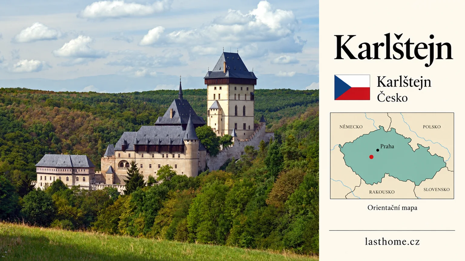 AI grafika podle fotografie: Hrad Karlštejn, Karlštejn, vlajka a orientační mapa země Česko
