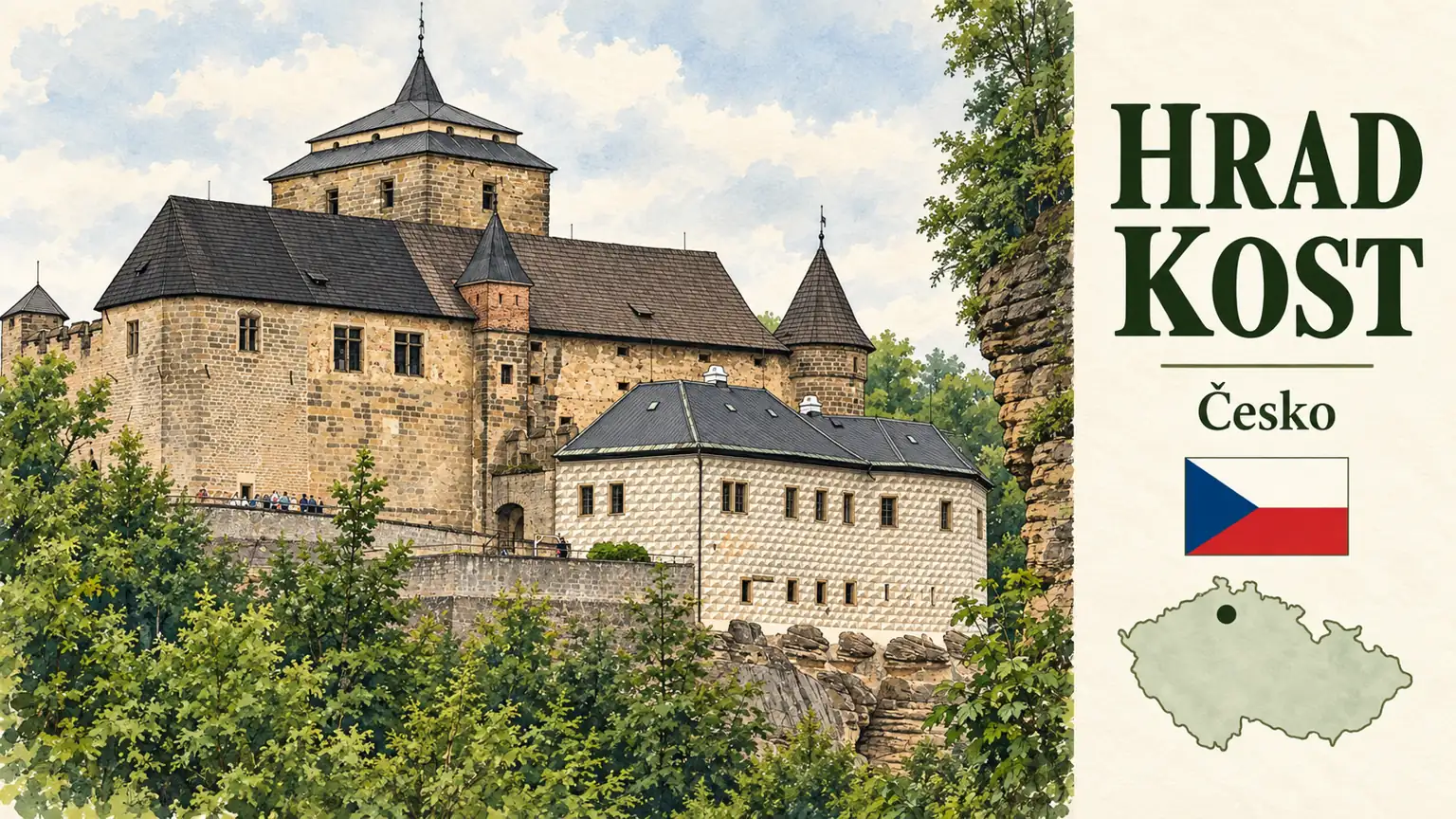 AI grafika podle fotografie: Hrad Kost, Libošovice, Český ráj, česká vlajka a orientační mapa Česka