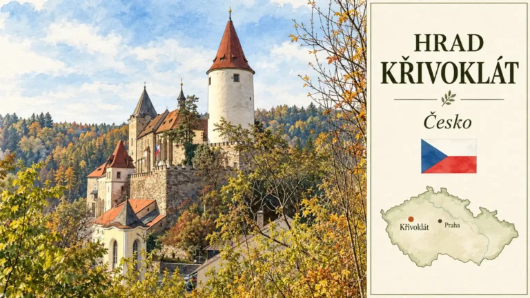 AI grafika podle fotografie: Hrad Křivoklát, Křivoklát, česká vlajka a orientační mapa Česka