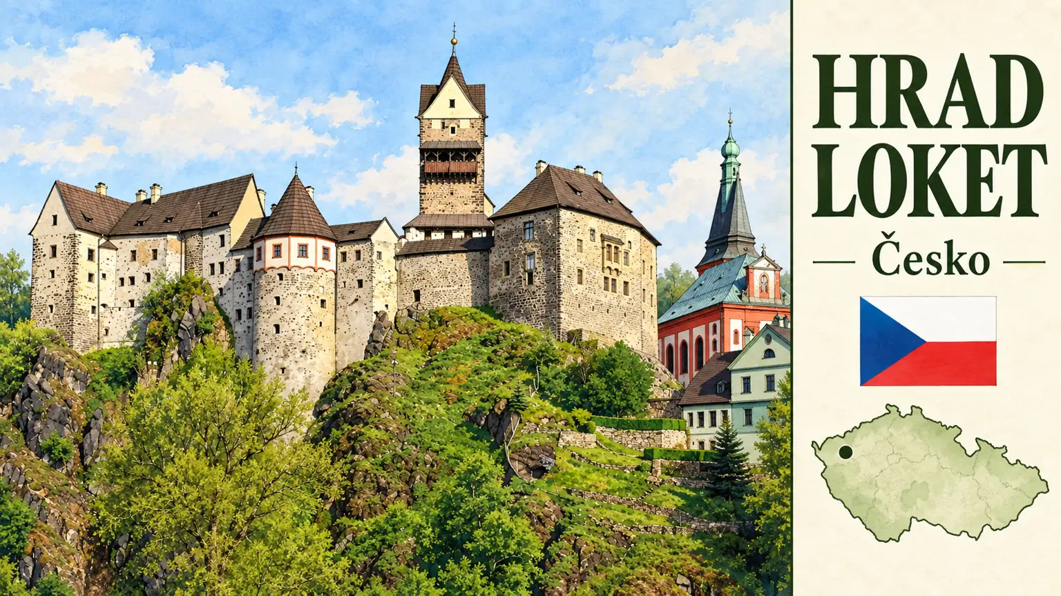AI grafika podle fotografie: Hrad Loket, Loket, Karlovarský kraj, česká vlajka a orientační mapa Česka