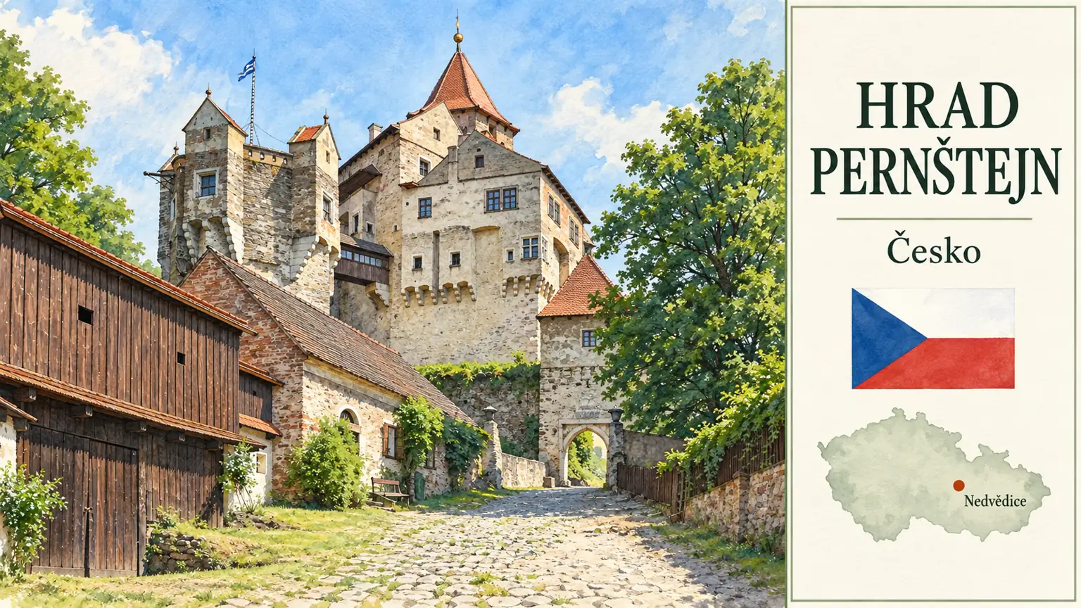 AI grafika podle fotografie: Hrad Pernštejn, Nedvědice, česká vlajka a orientační mapa Česka
