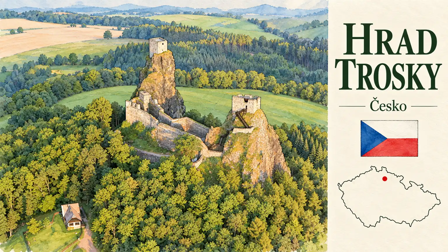 AI grafika podle fotografie: Hrad Trosky, Troskovice, Český ráj, česká vlajka a orientační mapa Česka