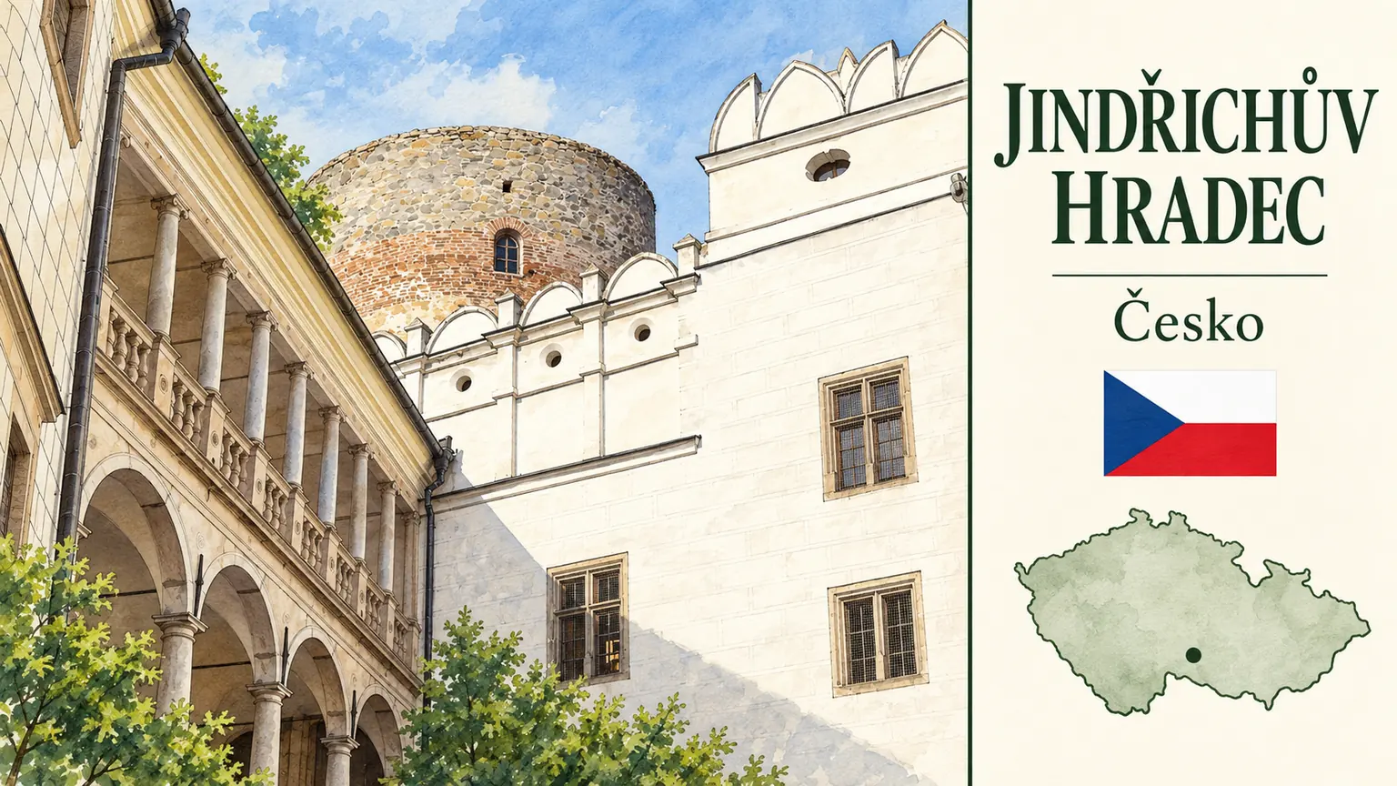 AI grafika podle fotografie: Hrad a zámek Jindřichův Hradec, Jindřichův Hradec, Jihočeský kraj, česká vlajka a orientační mapa Česka