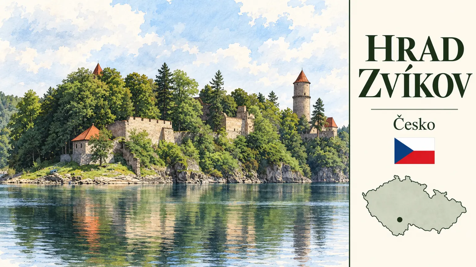 AI grafika podle fotografie: Hrad Zvíkov, Zvíkovské Podhradí, Jihočeský kraj, česká vlajka a orientační mapa Česka