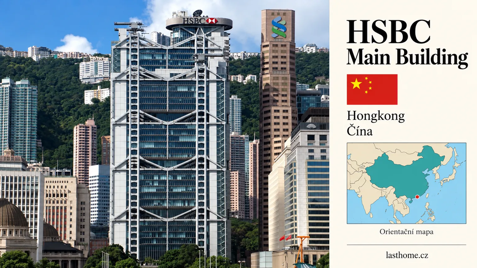 AI grafika podle fotografie: HSBC Main Building, Hongkong, s vlajkou a orientační mapou.