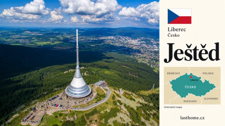 AI grafika podle fotografie: Ještěd, Liberec, s vlajkou a orientační mapou.