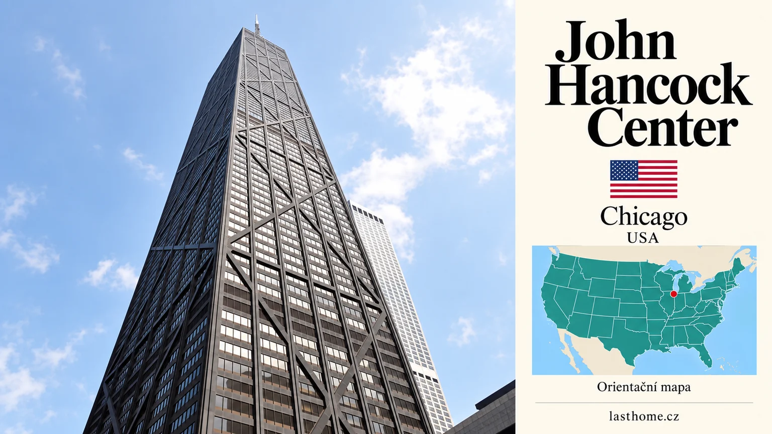 AI grafika podle fotografie: John Hancock Center, Chicago, s vlajkou a orientační mapou.