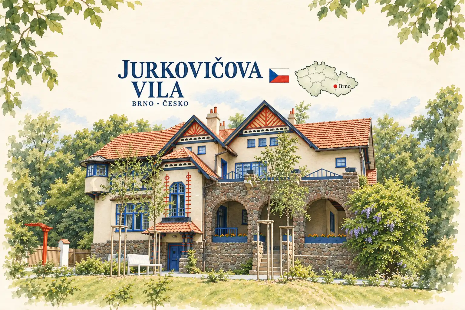AI grafika podle fotografie: Jurkovičova vila, Brno, vlajka a orientační mapa země Česko