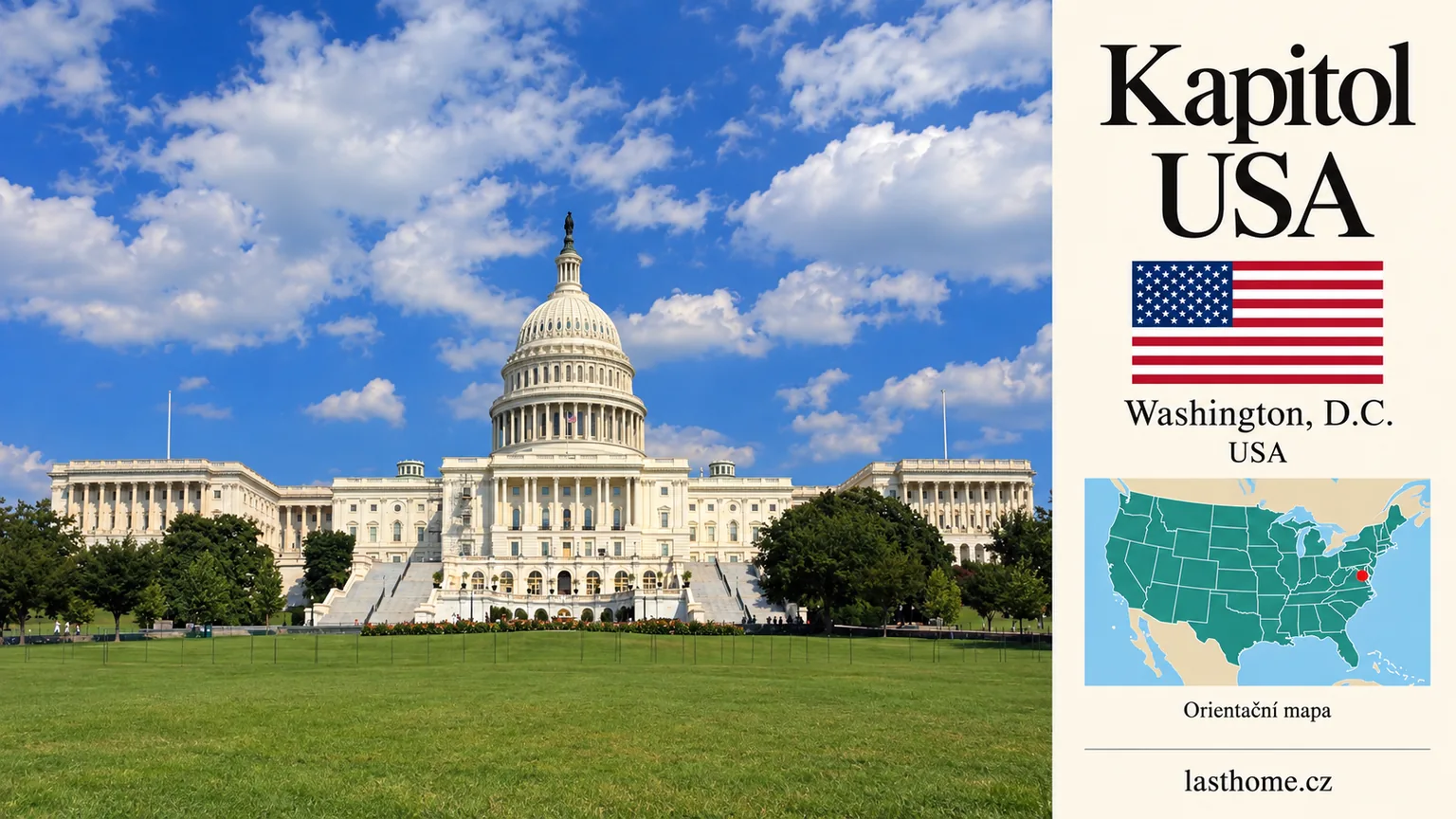 AI grafika podle fotografie: Kapitol USA, Washington, D.C., s vlajkou a orientační mapou.