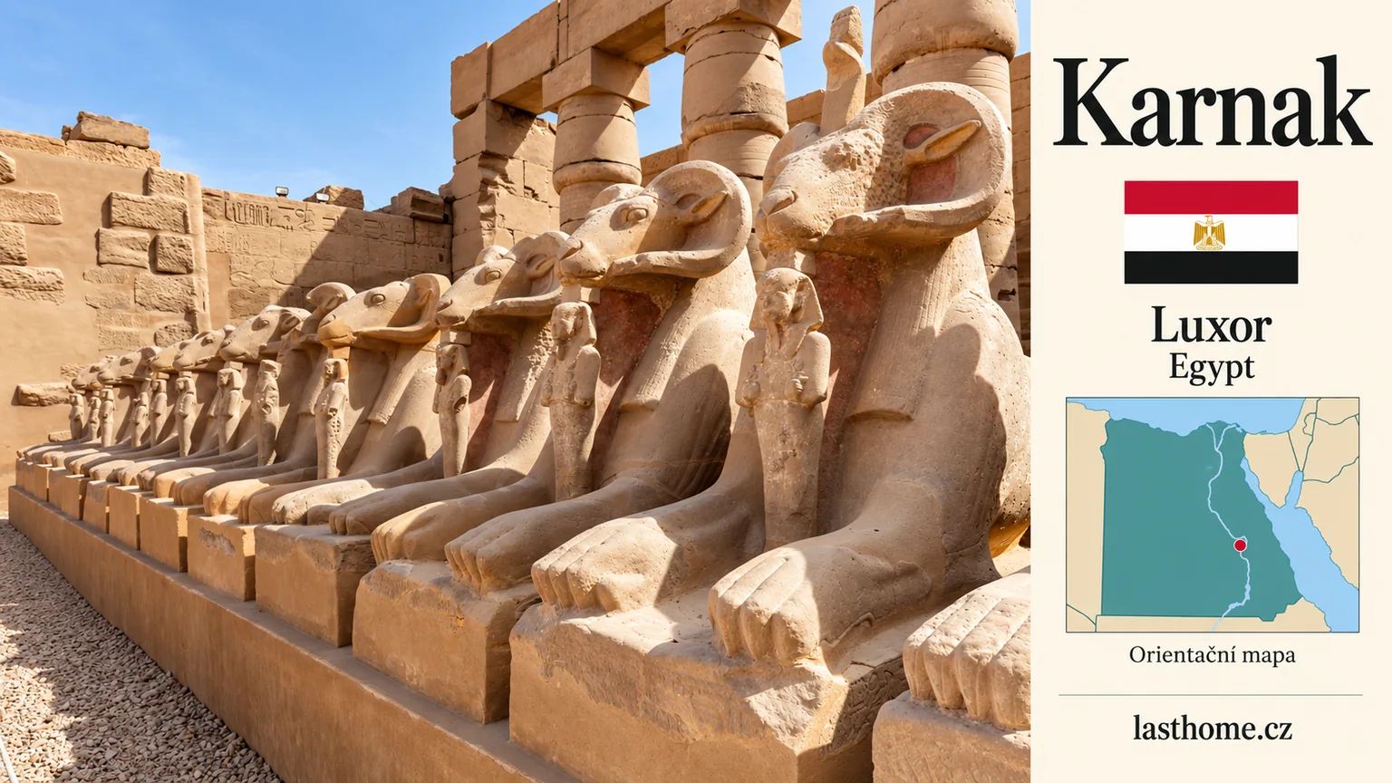 AI grafika podle fotografie: Karnak, Luxor, s vlajkou a orientační mapou.