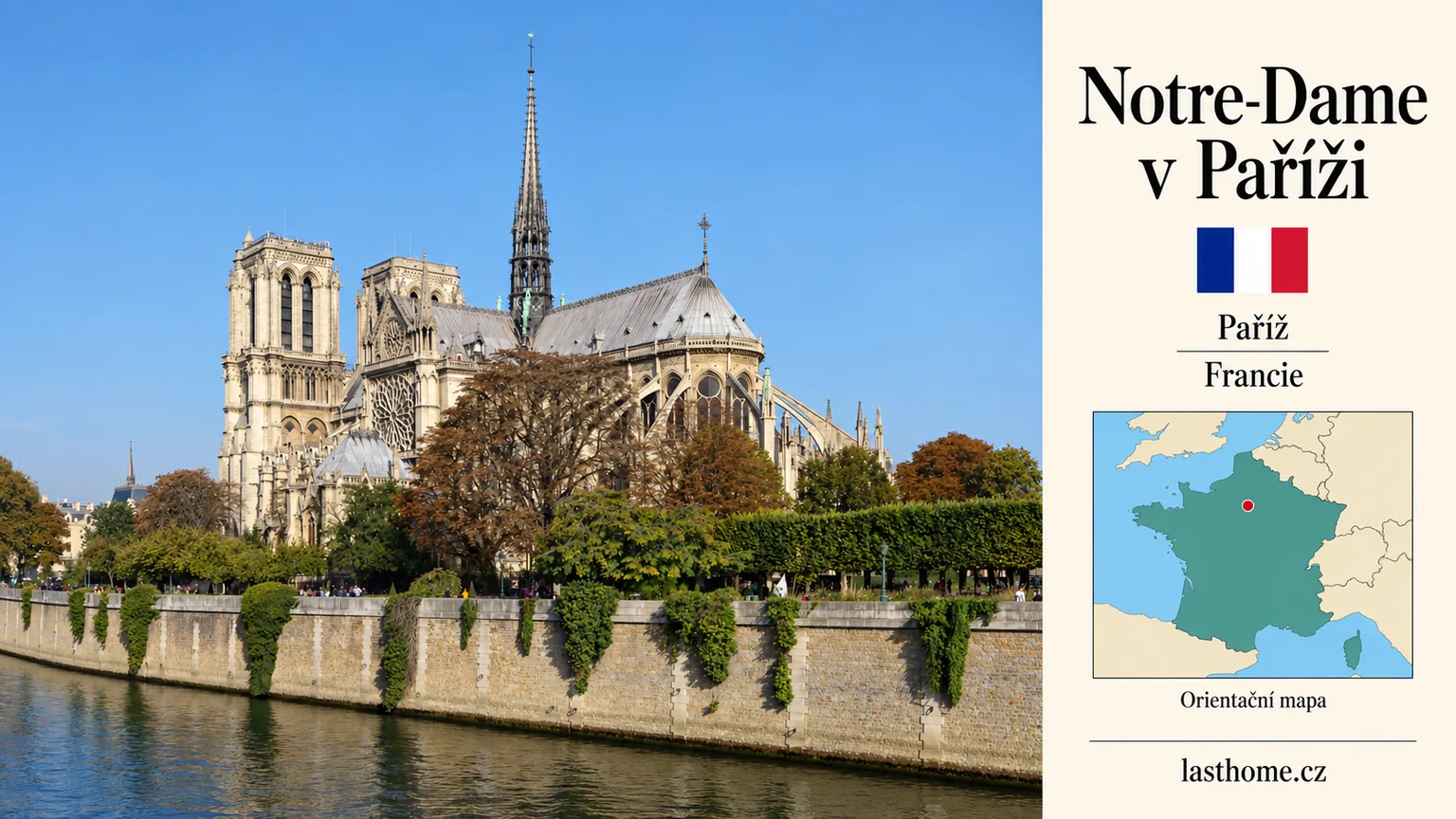 AI grafika podle fotografie: Notre-Dame v Paříži, Paříž, s vlajkou a orientační mapou.