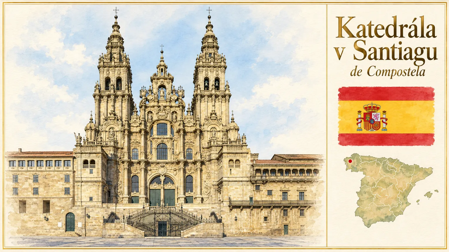 AI grafika podle fotografie: Katedrála v Santiagu de Compostela, Santiago de Compostela, vlajka a orientační mapa země Španělsko