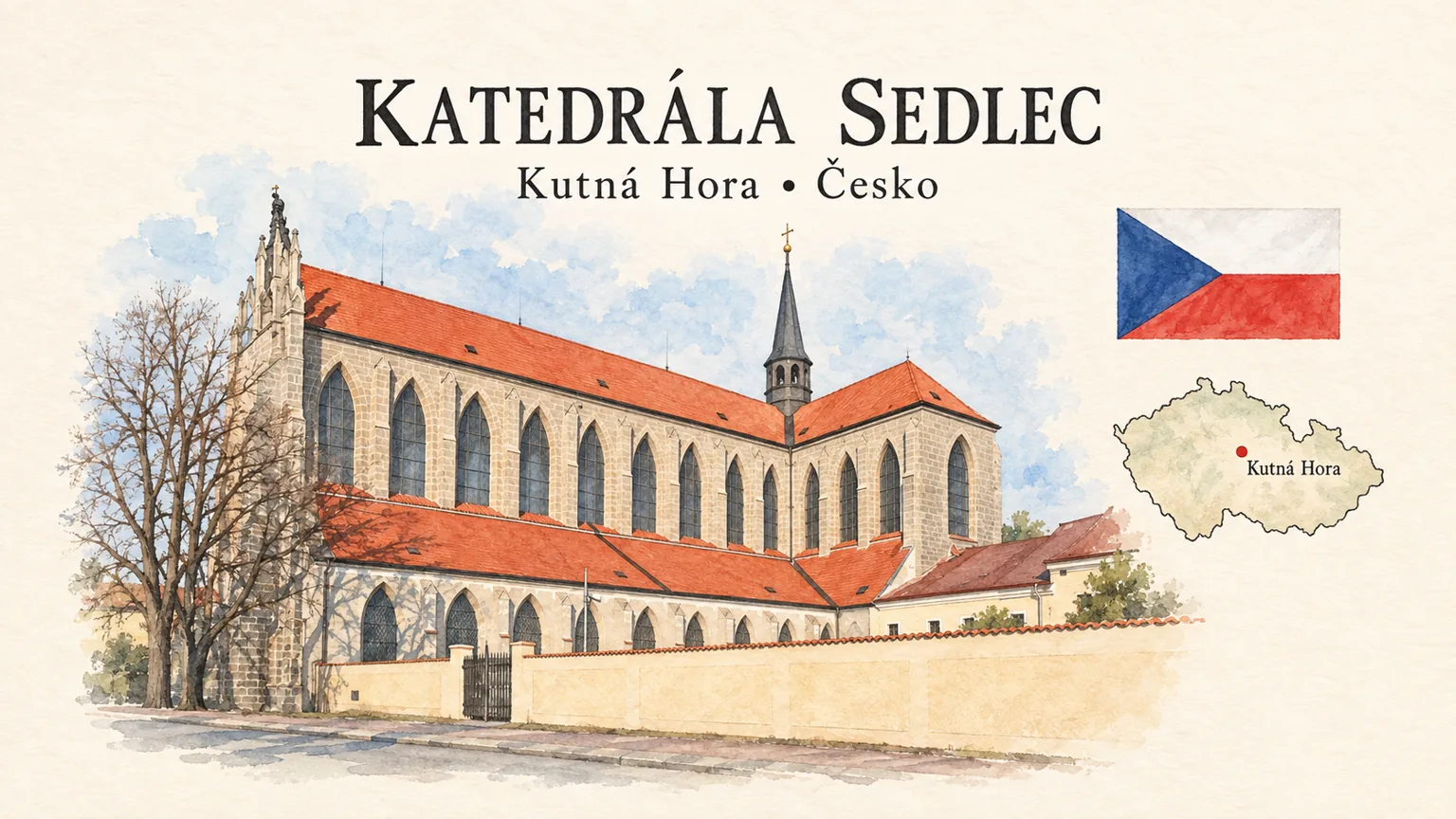 AI grafika podle fotografie: Katedrála Sedlec, Kutná Hora – Sedlec, vlajka a orientační mapa země Česko