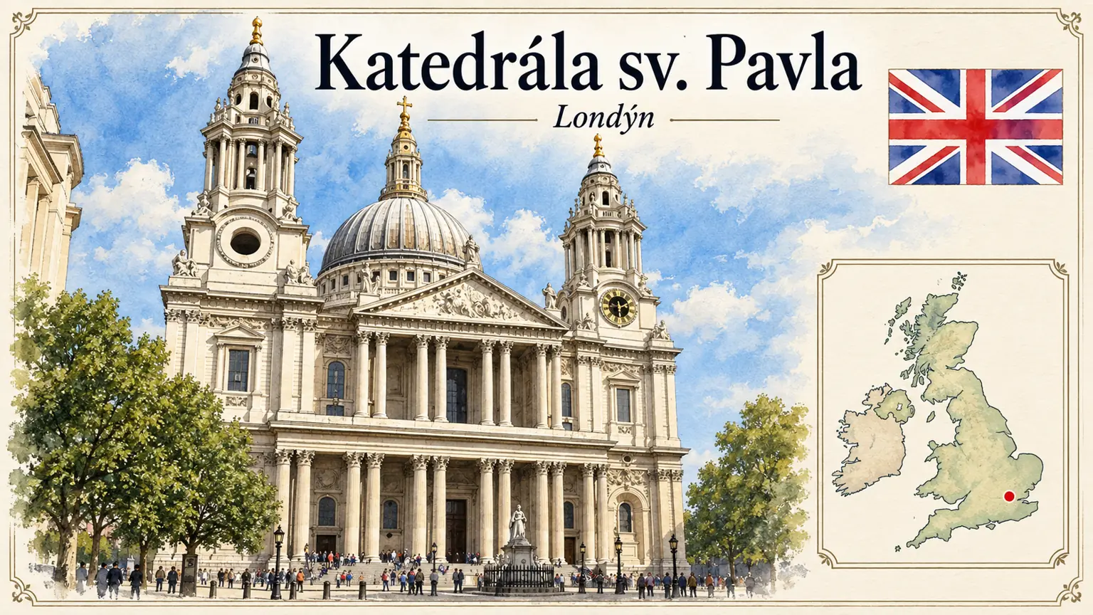 AI grafika podle fotografie: Katedrála svatého Pavla v Londýně, Londýn, vlajka a orientační mapa země Spojené království