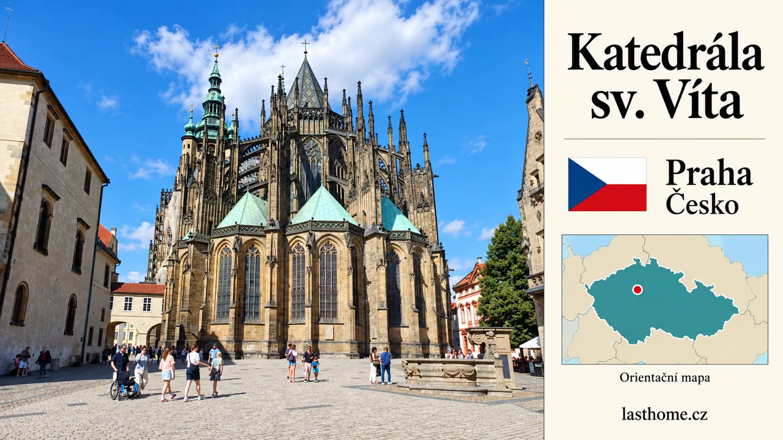 AI grafika podle fotografie: Katedrála sv. Víta, Praha, vlajka a orientační mapa země Česko