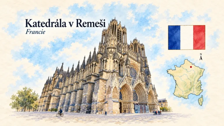 AI grafika podle fotografie: Katedrála v Remeši, Remeš, vlajka a orientační mapa země Francie