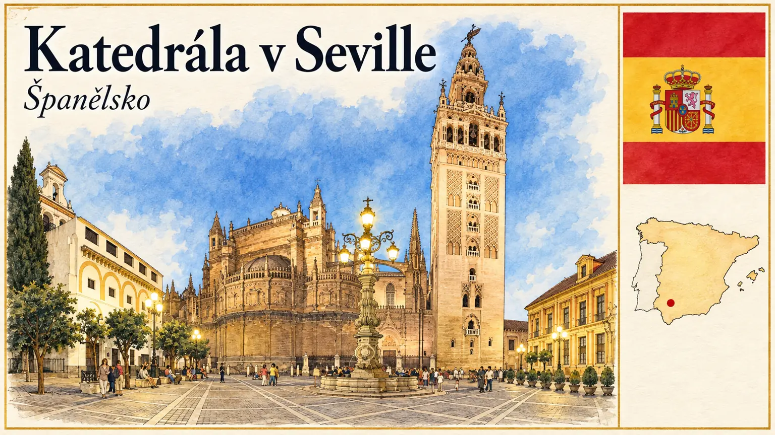 AI grafika podle fotografie: Katedrála v Seville, Sevilla, vlajka a orientační mapa země Španělsko