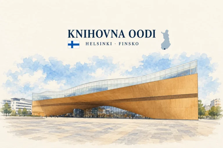 AI grafika podle fotografie: Knihovna Oodi, Helsinki, vlajka a orientační mapa země Finsko