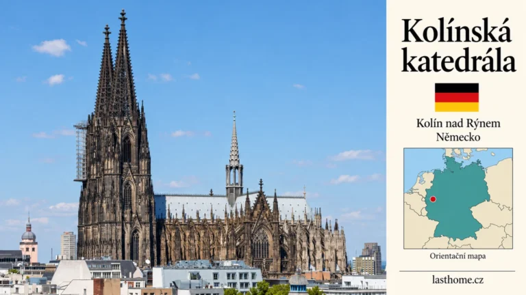 AI grafika podle fotografie: Kolínská katedrála, Kolín nad Rýnem, s vlajkou a orientační mapou.