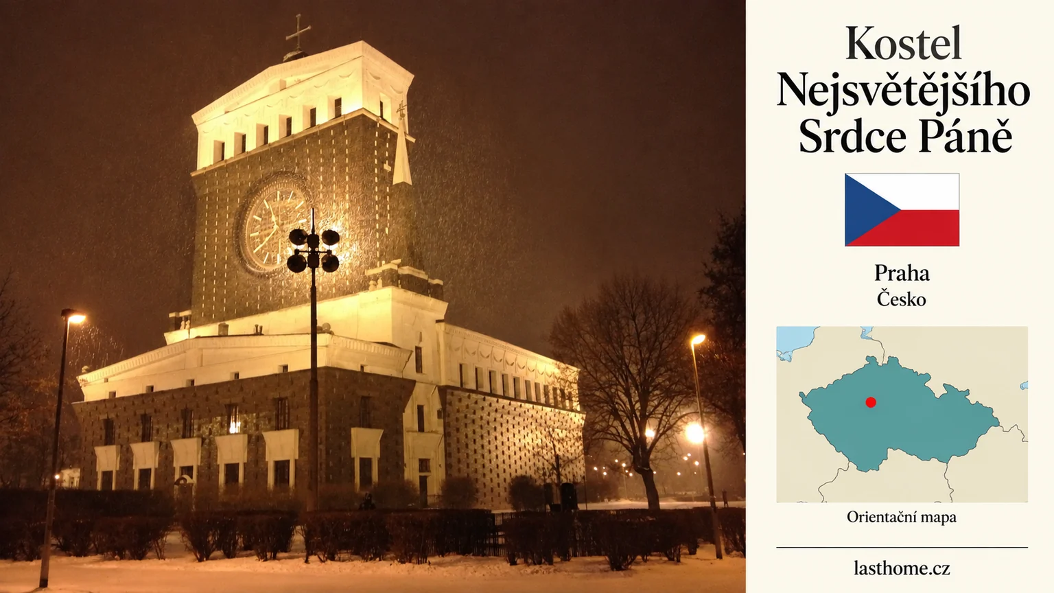 AI grafika podle fotografie: Kostel Nejsvětějšího Srdce Páně, Praha, s vlajkou a orientační mapou.