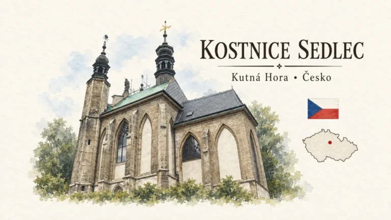 AI grafika podle fotografie: Kostnice Sedlec, Kutná Hora – Sedlec, vlajka a orientační mapa země Česko