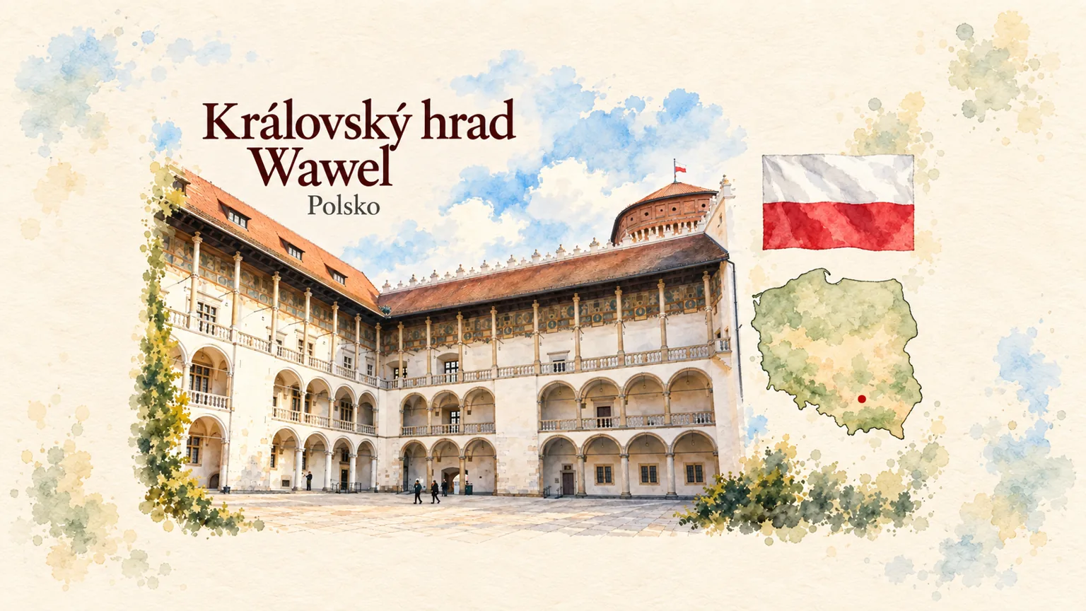 AI grafika podle fotografie: Královský hrad Wawel, Krakov, vlajka a orientační mapa země Polsko